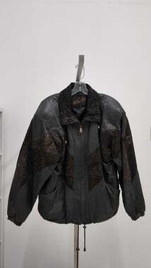 Vintage Winlit Black Leather Patchwork Bomber Jacket - Bronze Accents (Size M)